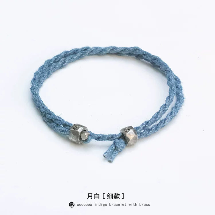 Handmade Original Pure Silver Buckle Double Wrap Indigo Dyed Cotton Linen Adjustable Bracelet Unisex One Size Fits All Natural Plant Indigo Woven Double Layer Wrist Bangle