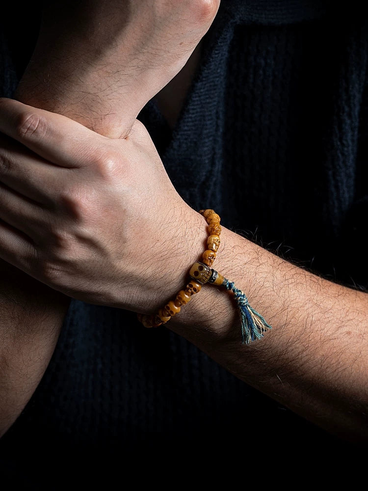 Håndlavet Naturlig Tibetansk Yak-ben Mala Perle Armbånd Enkelt Strands Citipati Kranie Armbånd Tibetanske Buddhistiske Bedekæde Håndleds Mala Unikke Etniske Spirituelle Smykker til Mænd Kvinder