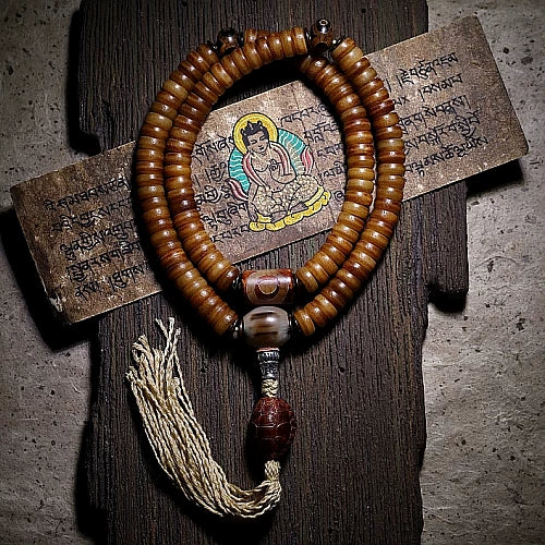 Tibetan Natural Old Material Yak Bone 108 Beads Mala Prayer Beads Original Mens Bracelet Tibetan Style Womens Rosary Yak Bone Meditation Jewelry