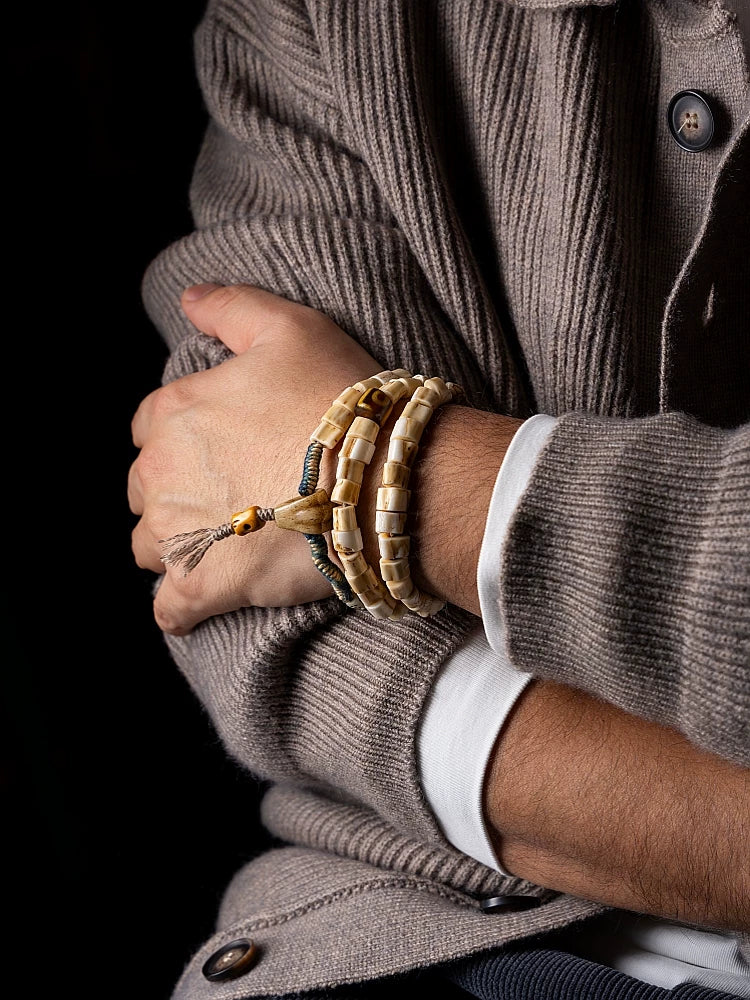 Hand Woven Tibetan Style Multi Layer Bracelet Deer Antler Tip Yak Bone Bracelet Tibetan Traditional Cultural Collectible Bracelet For Hand Playing Meditation