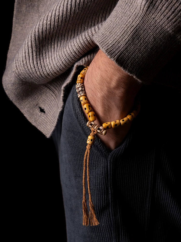 Hand Carved Replica Master of ShiTuoLin Wrist Bracelet Authentic Old Yak Bone Tibetan Style Prayer Bead Handheld Mala for Buddhist Jewelry Collection