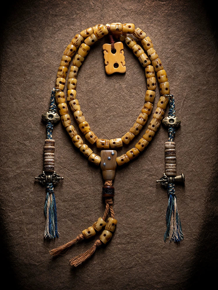 54 Beads Hand Carved Kutulu Master Replica Natural Old Material Yak Bone Mala Prayer Beads Bracelet Sidpa Gyalpo Skull Handcrafted Yak Bone Tibetan Buddhist Rosary Wristband