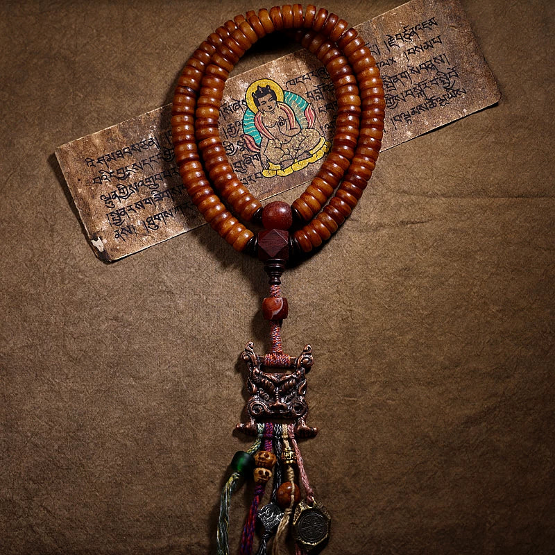 Tibetansk stil, naturligt gammelt materiale, yakokseben, 108 perler bedemala til mænd og kvinder, yakoksebenarmbånd/-halskæde med skriftspænde, håndlavede tibetanske smykker
