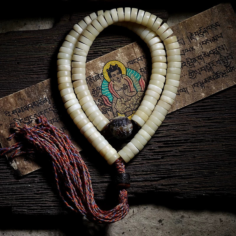 Tibetan Yak Bone 108 Beads Mala Prayer Bracelet For Men Hand Playable Tibetan Style Yak Horn Bone Mala Beads Bracelet Vintage 108 Beads Buddhist Rosary Wrist Bangle Men's Meditation Handheld Prayer Beads