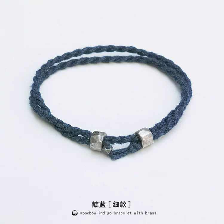 Handmade Original Pure Silver Buckle Double Wrap Indigo Dyed Cotton Linen Adjustable Bracelet Unisex One Size Fits All Natural Plant Indigo Woven Double Layer Wrist Bangle