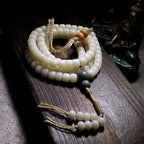 Original Design 108 Beads Natural White Bodhi Root Prayer Beads Bracelet White Jade Texture Hand String for Men Meditation Practice and Women Daily Wear Buddhist Rosary Wristband