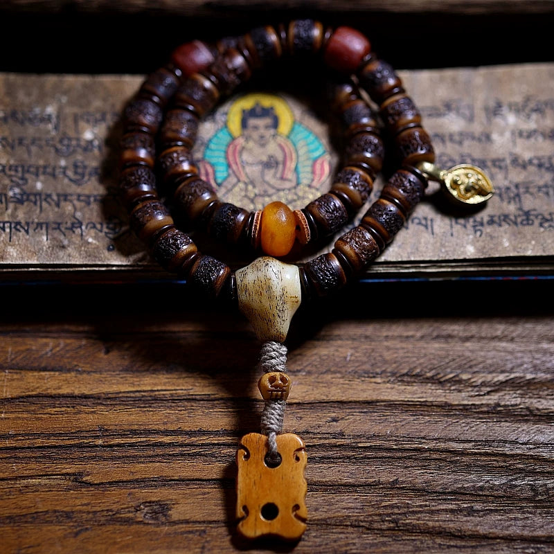 Natural Tibet Yak Bone Prayer Beads Bracelet Old Material Gaga Spirit Bone Agate Bracelet with Honey Wax Double Circle Couple Bracelet for Men and Women