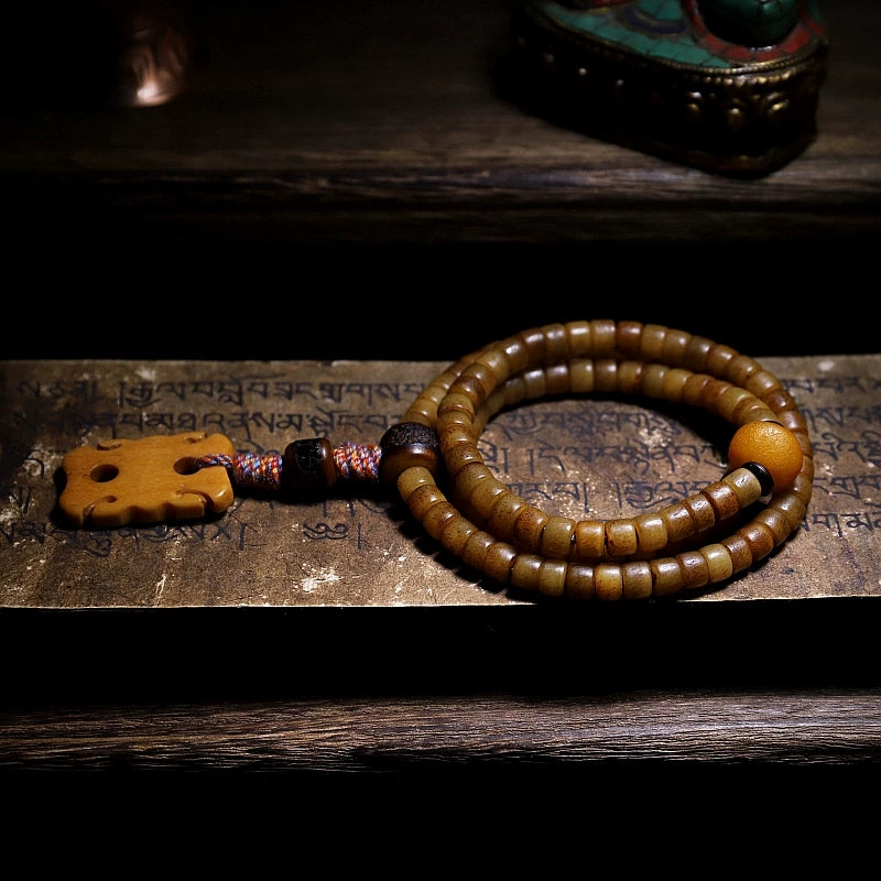 108 Beads Small Size Old Material Authentic Tibetan Natural Yak Bone Mala Prayer Beads Bracelet Handcrafted Tibetan Style Yak Bone Buddhist Rosary Wrist Mala Bracelet