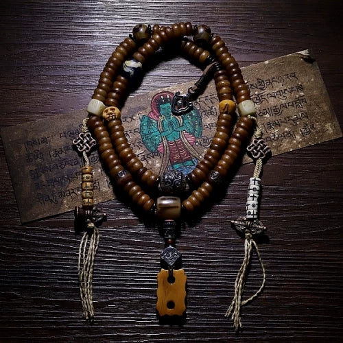 Original 108 Beads Tibetan Old Yak Bone Mala Prayer Beads Bracelet Handmade Tibetan Yak Bone Dzi Agate Beaded Wrist Mala for Meditation Yoga Prayer Jewelry