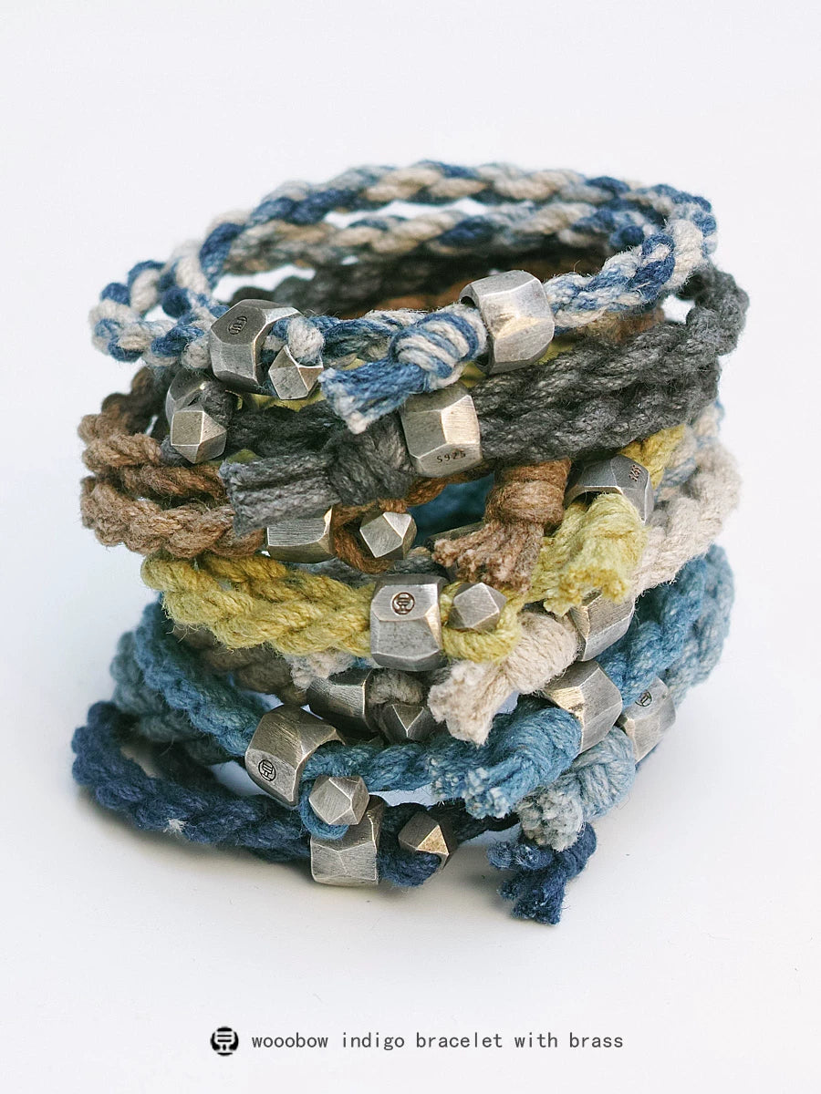 Handmade Original Pure Silver Buckle Double Wrap Indigo Dyed Cotton Linen Adjustable Bracelet Unisex One Size Fits All Natural Plant Indigo Woven Double Layer Wrist Bangle