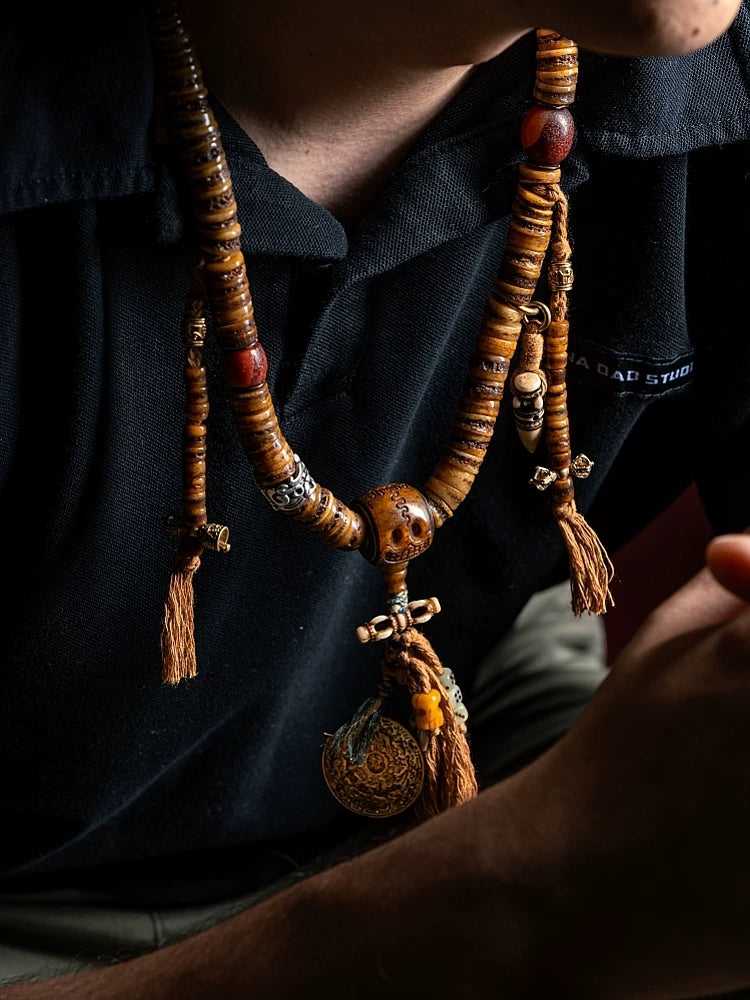 Original Handmade Tibetan Style 108 Beads Old Yak Bone Mala Prayer Beads Wrist Bracelet Replicated Vintage Spirit Bone Gagga For Meditation Japa Mala