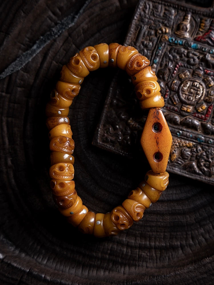 Original Design Tibetan Style Slanted Cut Citipati Yak Bone Mala Prayer Beads Bracelet Handcrafted Tibetan Buddhism Yak Bone Bead Wrist Mala for Meditation and Collection