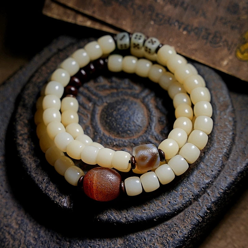 Original Design Natural Aged Bodhi Root Bracelet for Men and Women Multi layer Buddhist Beads Bracelet with Agate Beads Handmade Meditation Wrist Accessory Multiple Circles Prayer Mala