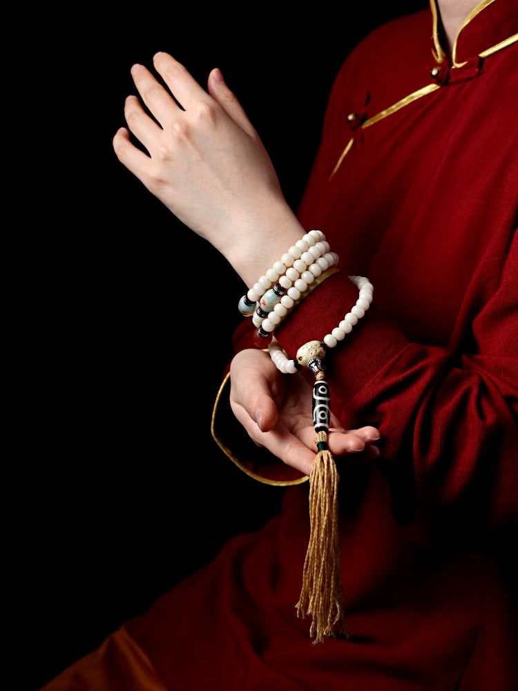 Original Tibetan Style 108 Beads White Bodhi Root Mala Prayer Beads Bracelet For Men And Women Natural Dzi Bead Versatile Necklace Hand String Ethnic Spiritual Jewelry