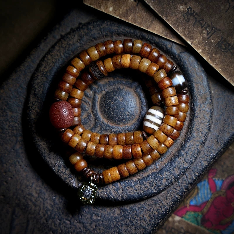 Tibet Natural Old Yak Bone Beads Prayer Mala Bracelet Handcrafted Tibetan Style Double Layer Yak Bone Bracelet for Men and Women Couples Spiritual Meditation Jewelry