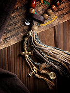 Vintage Aged Star-Moon Bodhi Beads Bracelet Single Layer Tibetan Style Handheld Bracelet with Braided Rope Tassel Old Material Star Moon Bodhi Mala Prayer Beads Wrist Mala