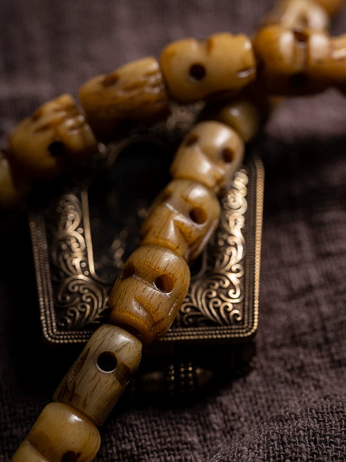 Hand Carved Replica Citipati Master Natural Aged Yak Bone Mala Beads Multi Wrap Bracelet Skull Citipati Master Yak Bone Carved Tibetan Prayer Beads Bracelet