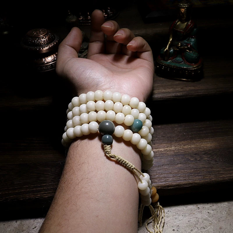Original Design 108 Beads Natural White Bodhi Root Prayer Beads Bracelet White Jade Texture Hand String for Men Meditation Practice and Women Daily Wear Buddhist Rosary Wristband