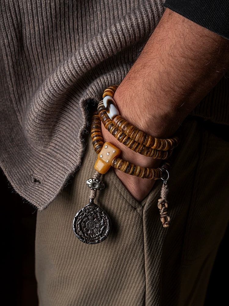 Original Handmade Tibetan Style Vintage Yak Bone 108 Mala Prayer Beads Bracelet Reproduced Antique Spirit Yak Bone Winding Play Beaded Rosary Wrist Mala