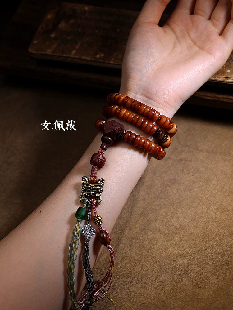 Tibetansk stil, naturligt gammelt materiale, yakokseben, 108 perler bedemala til mænd og kvinder, yakoksebenarmbånd/-halskæde med skriftspænde, håndlavede tibetanske smykker