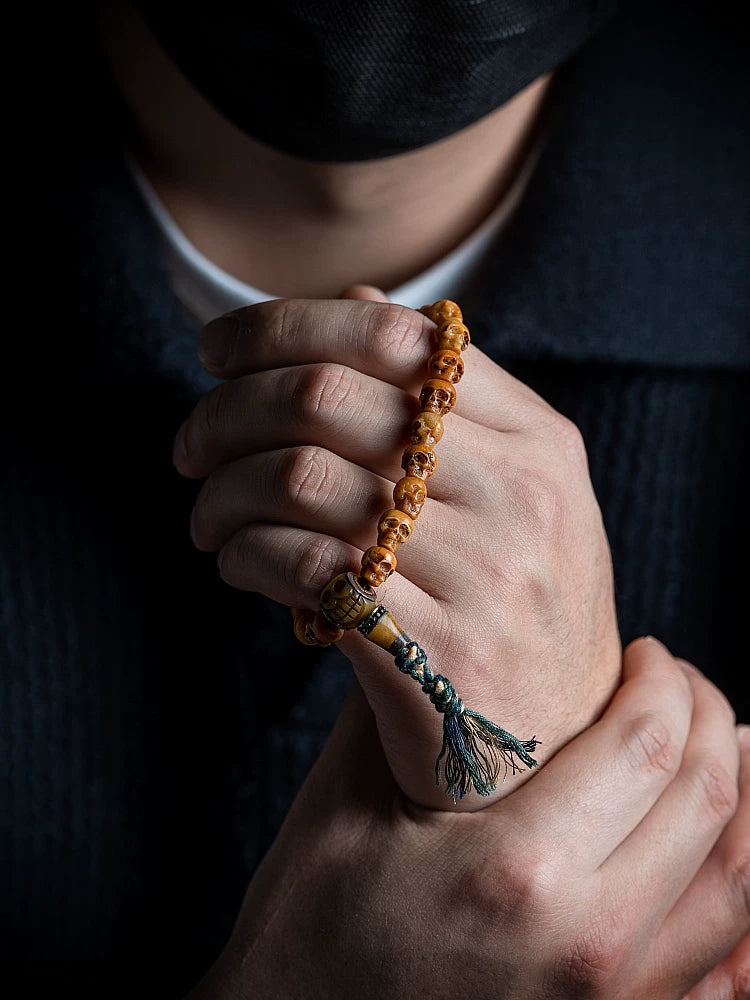 Håndlavet Naturlig Tibetansk Yak-ben Mala Perle Armbånd Enkelt Strands Citipati Kranie Armbånd Tibetanske Buddhistiske Bedekæde Håndleds Mala Unikke Etniske Spirituelle Smykker til Mænd Kvinder