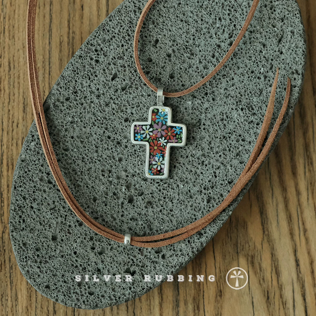 Handmade Original Floral Cross Pendant 999 Pure Silver Necklace Hand Painted Enamel Unique Niche Handcrafted Jewelry For Women