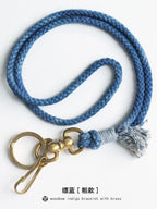 Hand Woven Cotton Linen Indigo Dyed Khaki Neck Lanyard Necklace For Phone ID Badge Key Vintage Casual Trendy Gift For Men Women Crafted Boho Style Neck Strap Hanging Chain