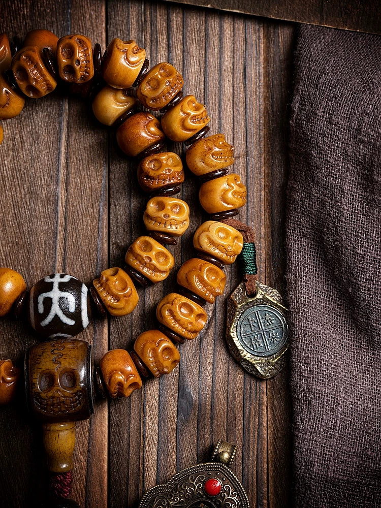 Tibet Natural Yak Bone Mala Beads Bracelet Vintage Hand Carved Skull Mahakala Multiple Wrap Wrist Bracelet Handmade Tibetan Ethnic Meditation Prayer Beads Jewelry for Men and Women