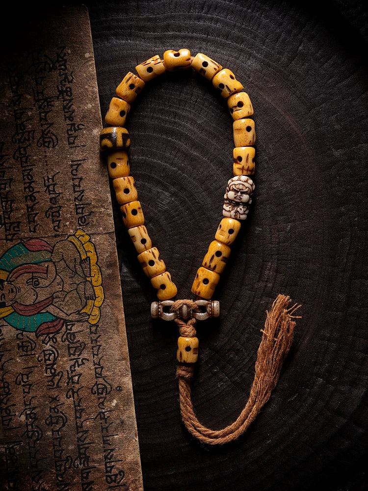 Hand Carved Replica Master of ShiTuoLin Wrist Bracelet Authentic Old Yak Bone Tibetan Style Prayer Bead Handheld Mala for Buddhist Jewelry Collection