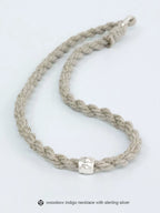 Hand Woven Indigo Dyed Hemp Cotton Necklace Cord Bracelet with Pure Silver Beads Unisex Couple Matching Jewelry Trendy Brand Gift for Men Women