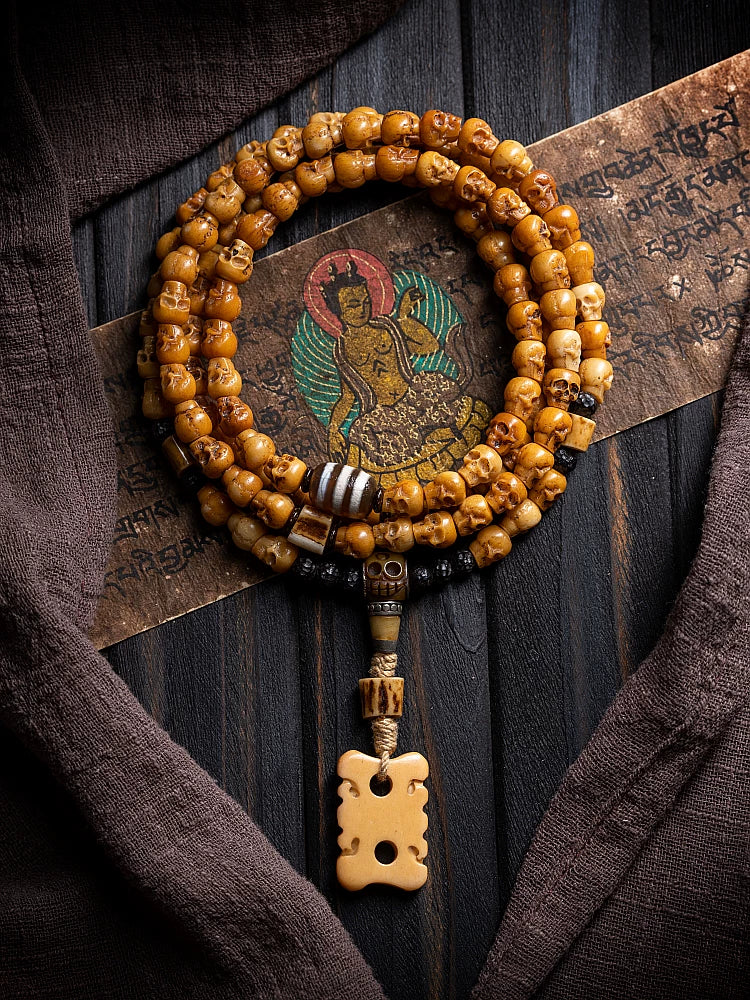 Guangzhuo Hand Carved Skull 108 Mala Prayer Beads Bracelet Authentic Tibetan Natural Yak Bone Mala Beads Necklace Handmade Mens Meditation Tibetan Buddhist Rosary Wrist Bracelet