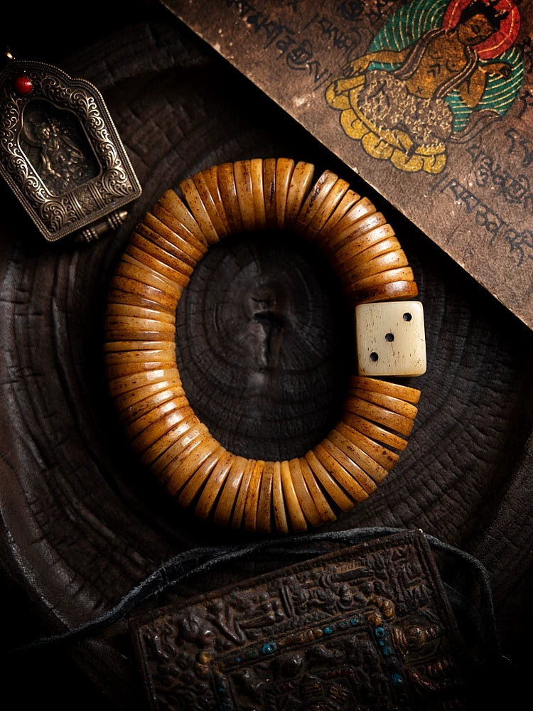 Authentic Tibetan Old Yak Bone Prayer Beads Single Loop Bracelet Men Natural Ling Bone Handstring for Hand Playing Collection