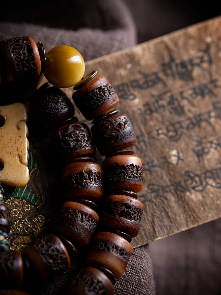 Inherited Collection Hand Carved Natural Old Material Tibetan Yak Bone Mala Bracelet Double Layered Rare Niche Yak Bone Prayer Beads Wrist Bracelet for Men