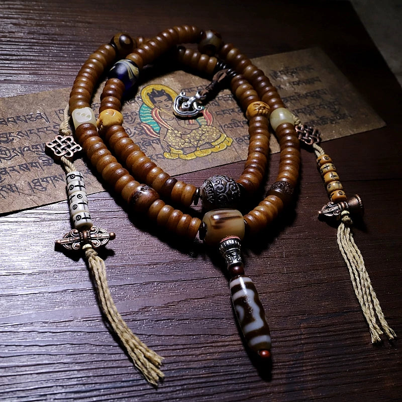 Original 108 Beads Tibetan Old Yak Bone Mala Prayer Beads Bracelet Handmade Tibetan Yak Bone Dzi Agate Beaded Wrist Mala for Meditation Yoga Prayer Jewelry