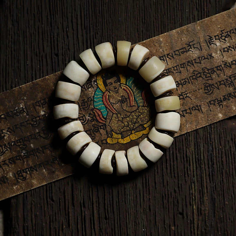 Tibetan Style Yak Bone Mala Beads Bracelet Irregular Shape Single Strand Hand String for Men and Women Tibetan Yak Bone Prayer Beads Bracelet for Hand Polishing Meditation Jewelry