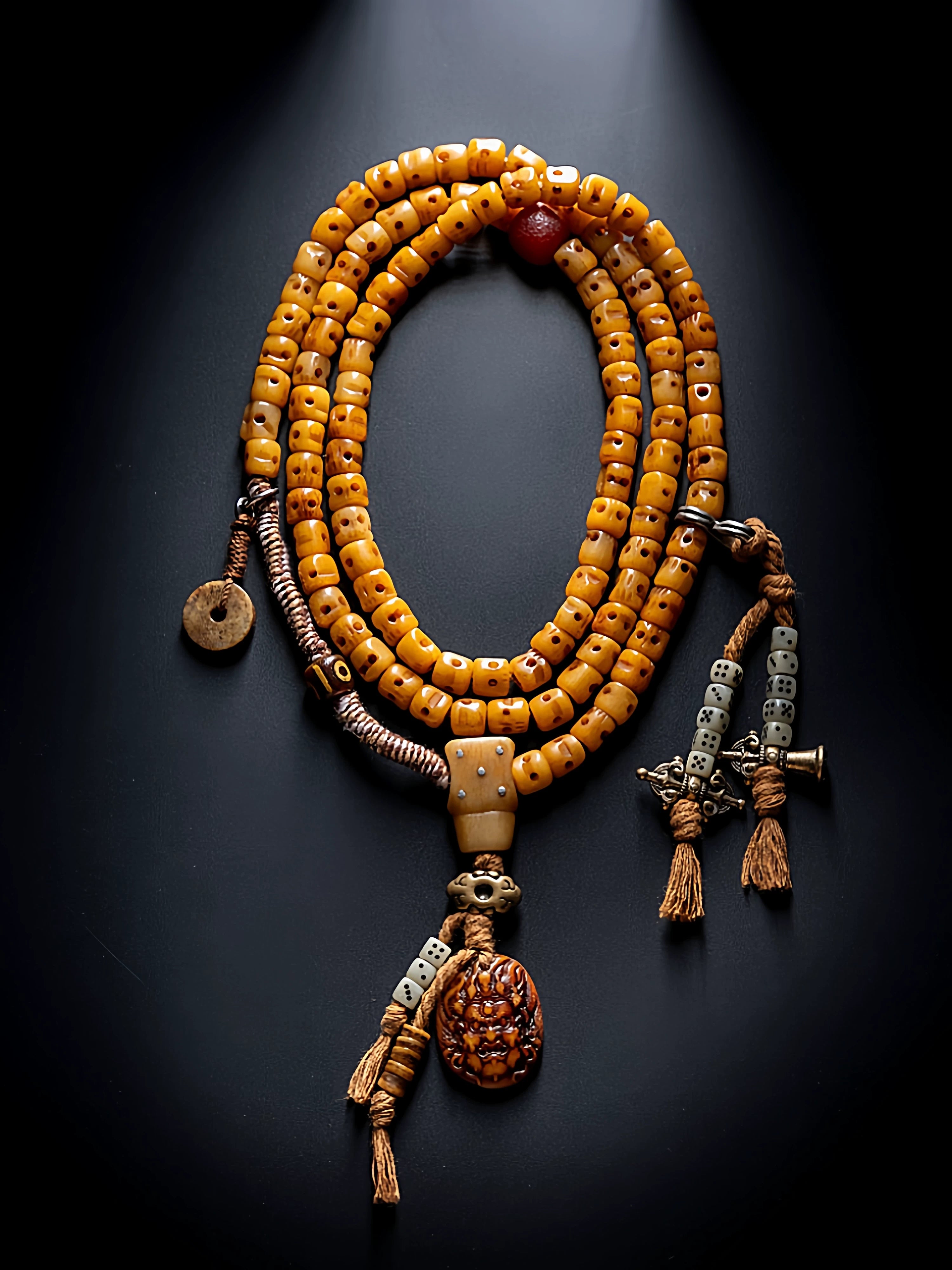 Traditional Tibetan 108 Beads Kajegdo Reproduced Citipati Master Yak Bone Carved Skull Mala Beads Bracelet Handmade Tibetan Style Buddhist Prayer Rosary Wrist Mala for Meditation and Spiritual Practice
