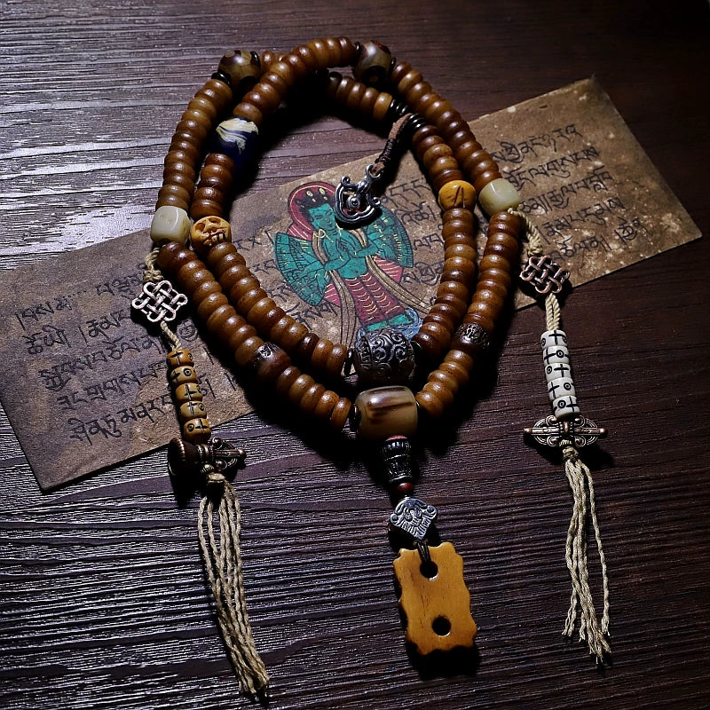 Original 108 Beads Tibetan Old Yak Bone Mala Prayer Beads Bracelet Handmade Tibetan Yak Bone Dzi Agate Beaded Wrist Mala for Meditation Yoga Prayer Jewelry
