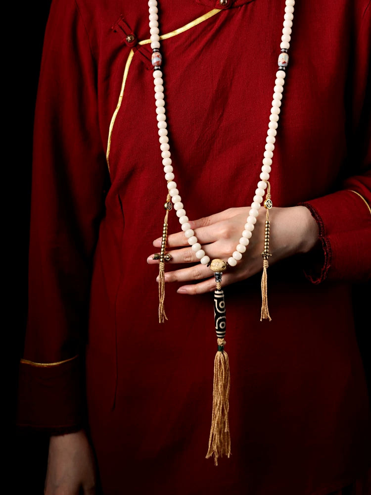 Original Tibetan Style 108 Beads White Bodhi Root Mala Prayer Beads Bracelet For Men And Women Natural Dzi Bead Versatile Necklace Hand String Ethnic Spiritual Jewelry