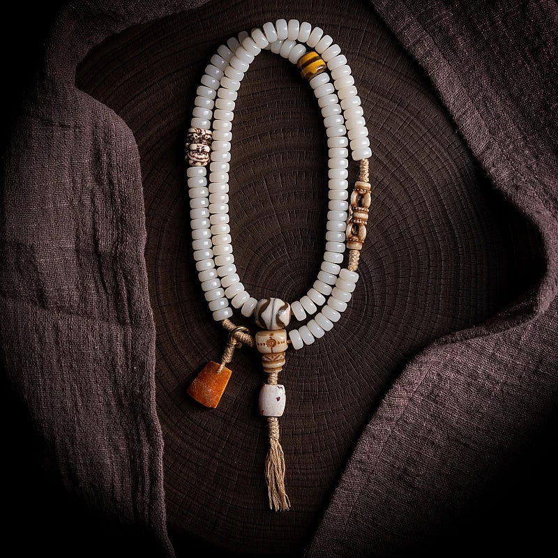 108 Beads Natural White Bodhi Root Mala Bracelet Handmade Tibetan Braided String Bodhi Root Rosary Wrist Bracelet Meditation Prayer Yoga Jewelry For Men Women