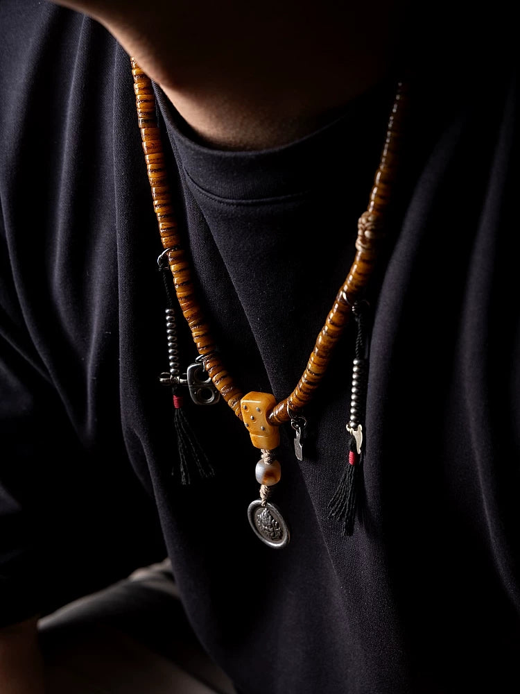Original Handmade 108 Beads Tibetan Mala Little Gaga Prayer Beads Old Yak Bone Mala Bracelet Tibetan Style Meditation Winding Bracelet for Tibetan Buddhist Nurturing Play