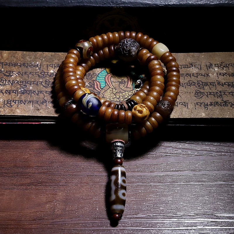 Original 108 Beads Tibetan Old Yak Bone Mala Prayer Beads Bracelet Handmade Tibetan Yak Bone Dzi Agate Beaded Wrist Mala for Meditation Yoga Prayer Jewelry
