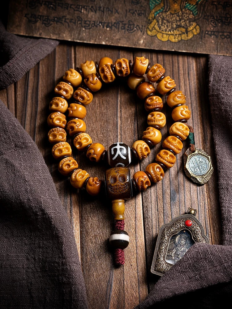 Tibet Natural Yak Bone Mala Beads Bracelet Vintage Hand Carved Skull Mahakala Multiple Wrap Wrist Bracelet Handmade Tibetan Ethnic Meditation Prayer Beads Jewelry for Men and Women