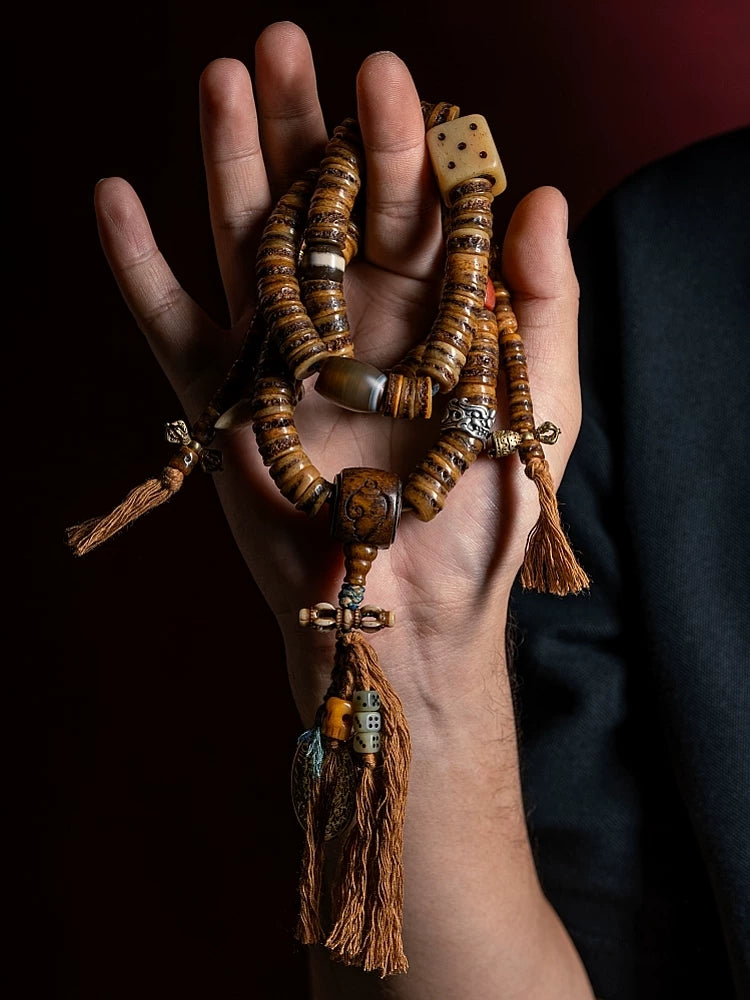 Original Handmade Tibetan Style 108 Beads Old Yak Bone Mala Prayer Beads Wrist Bracelet Replicated Vintage Spirit Bone Gagga For Meditation Japa Mala