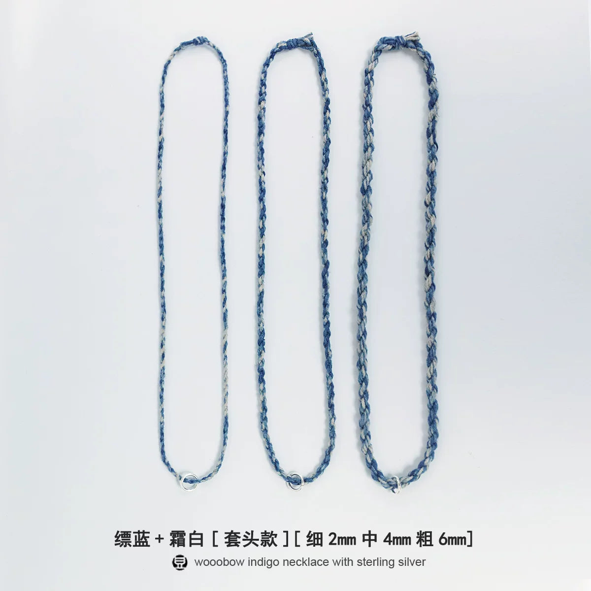 Hand Woven Indigo Dyed Hemp Cotton Necklace Cord Bracelet with Pure Silver Beads Unisex Couple Matching Jewelry Trendy Brand Gift for Men Women