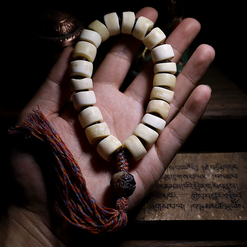 Tibetan Style Yak Bone Mala Beads Bracelet Irregular Shape Single Strand Hand String for Men and Women Tibetan Yak Bone Prayer Beads Bracelet for Hand Polishing Meditation Jewelry