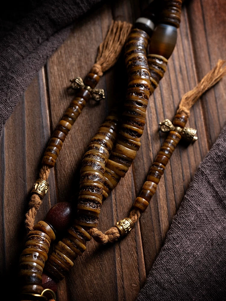 Original Handmade Tibetan Style 108 Beads Old Yak Bone Mala Prayer Beads Wrist Bracelet Replicated Vintage Spirit Bone Gagga For Meditation Japa Mala