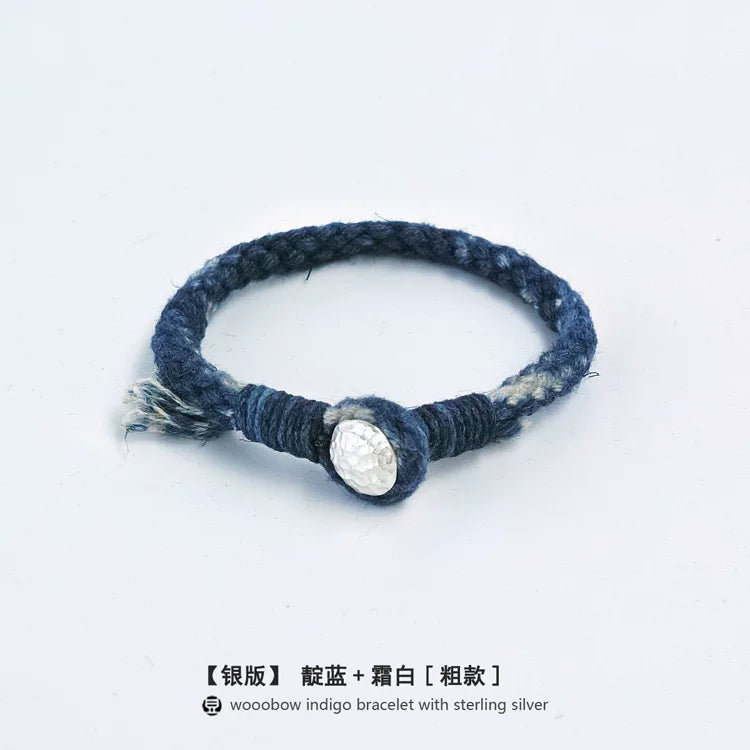 Handmade Indigo Dyed Beaded Buckle Cotton Linen Cord Bracelet with Pure Silver Accent Natural Plant Dye Unisex Couple Bangle Trendy Jewelry Perfect Holiday Birthday Gift for Men and Women
