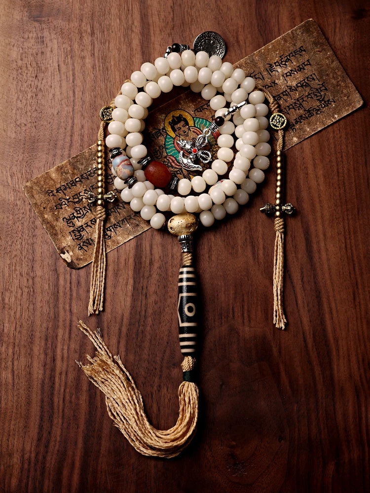 Original Tibetan Style 108 Beads White Bodhi Root Mala Prayer Beads Bracelet For Men And Women Natural Dzi Bead Versatile Necklace Hand String Ethnic Spiritual Jewelry