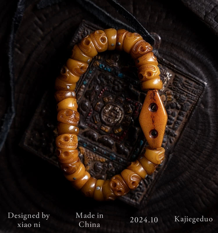 Original Design Tibetan Style Slanted Cut Citipati Yak Bone Mala Prayer Beads Bracelet Handcrafted Tibetan Buddhism Yak Bone Bead Wrist Mala for Meditation and Collection