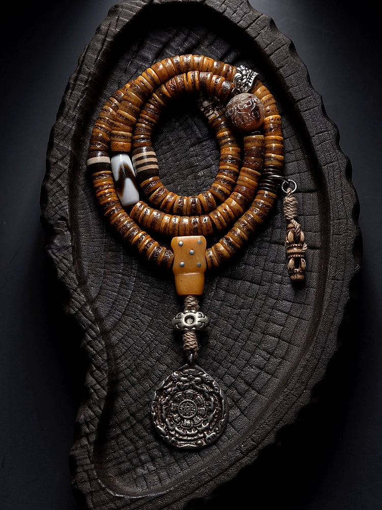 Original Handmade Tibetan Style Vintage Yak Bone 108 Mala Prayer Beads Bracelet Reproduced Antique Spirit Yak Bone Winding Play Beaded Rosary Wrist Mala